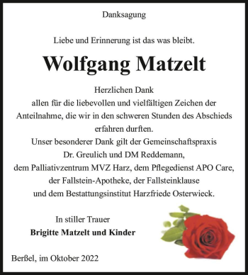 Traueranzeige von Wolfgang Matzelt  von Magdeburger Volksstimme