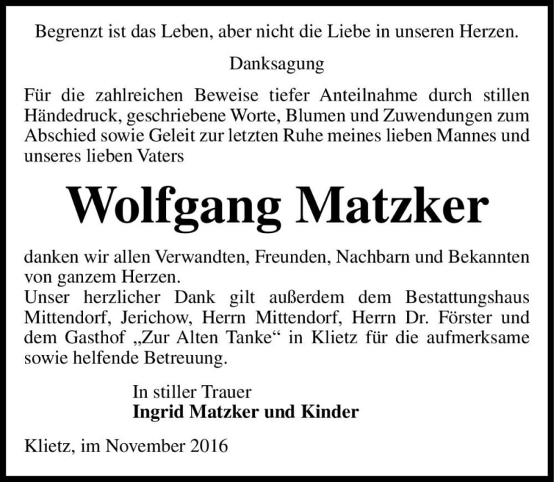 Traueranzeige für Wolfgang Matzker  vom 11.11.2016 aus Magdeburger Volksstimme