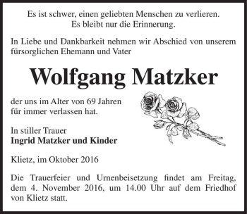 Traueranzeige von Wolfgang Matzker  von Magdeburger Volksstimme