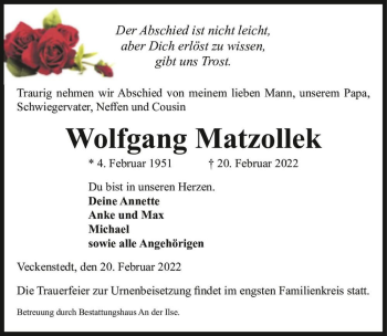 Traueranzeige von Wolfgang Matzollek  von Magdeburger Volksstimme