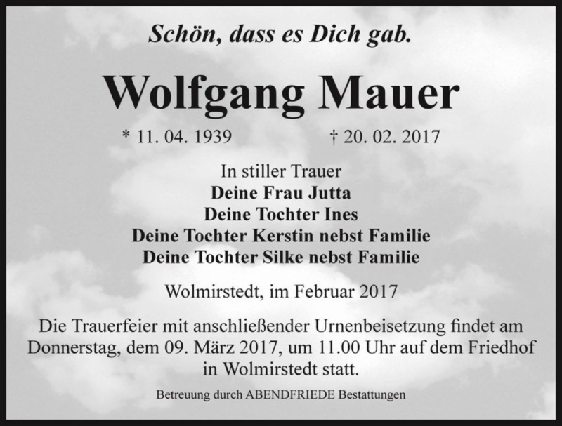  Traueranzeige für Wolfgang Mauer  vom 25.02.2017 aus Magdeburger Volksstimme