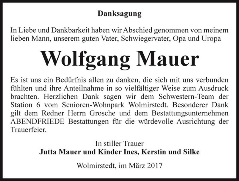  Traueranzeige für Wolfgang Mauer  vom 15.03.2017 aus Magdeburger Volksstimme