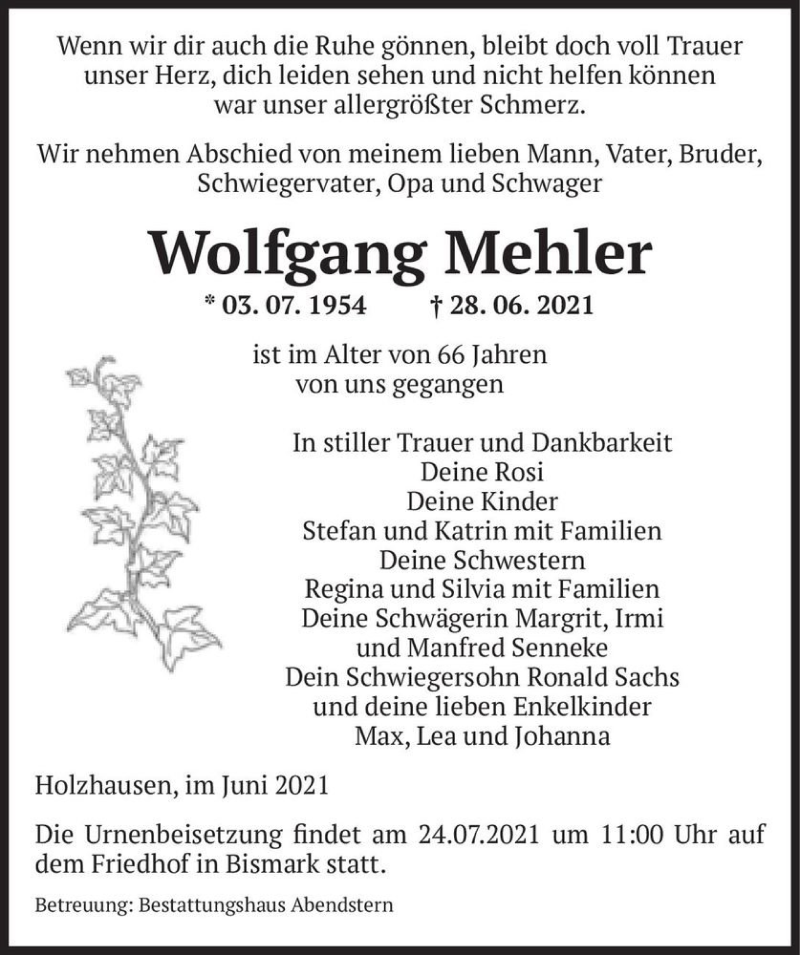  Traueranzeige für Wolfgang Mehler  vom 03.07.2021 aus Magdeburger Volksstimme