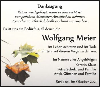 Traueranzeige von Wolfgang Meier  von Magdeburger Volksstimme