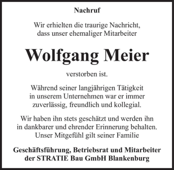 Traueranzeige von Wolfgang Meier  von Magdeburger Volksstimme