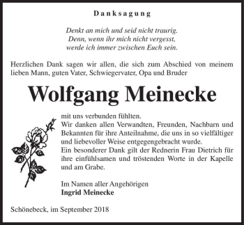 Traueranzeige von Wolfgang Meinecke  von Magdeburger Volksstimme