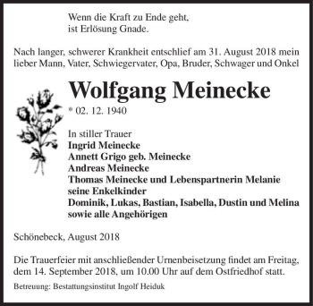Traueranzeige von Wolfgang Meinecke  von Magdeburger Volksstimme