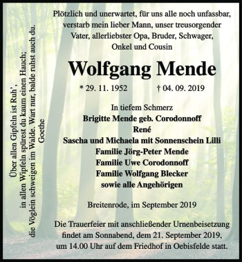 Traueranzeige von Wolfgang Mende  von Magdeburger Volksstimme