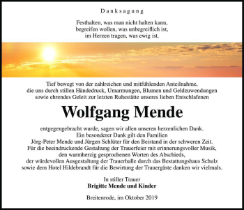 Traueranzeige von Wolfgang Mende  von Magdeburger Volksstimme