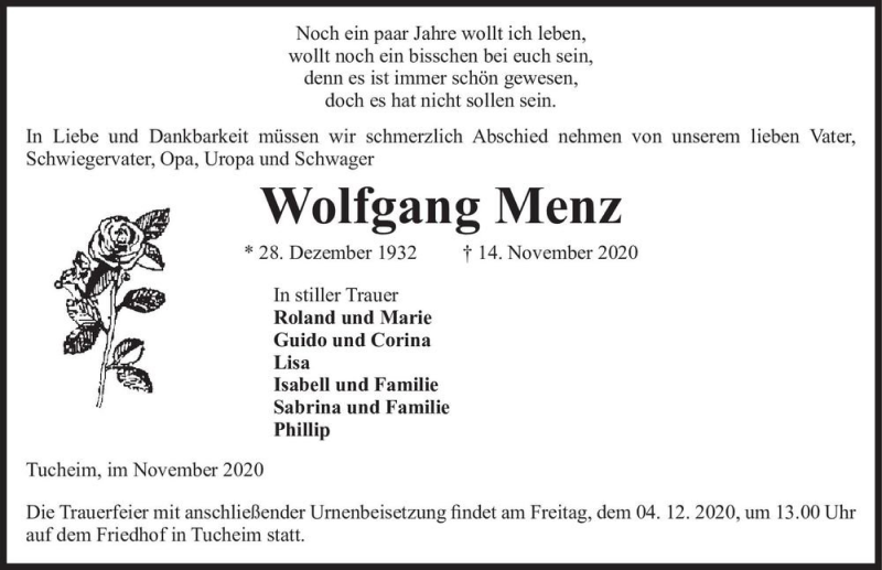  Traueranzeige für Wolfgang Menz  vom 21.11.2020 aus Magdeburger Volksstimme