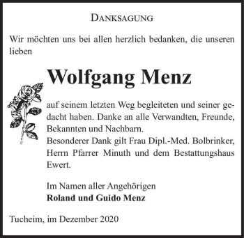 Traueranzeige von Wolfgang Menz  von Magdeburger Volksstimme