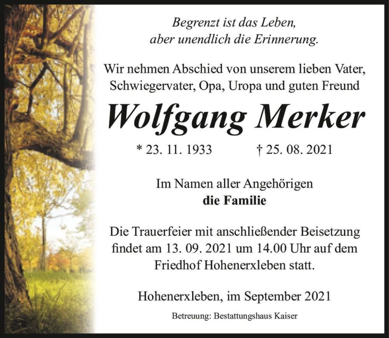  Traueranzeige für Wolfgang Merker  vom 04.09.2021 aus Magdeburger Volksstimme