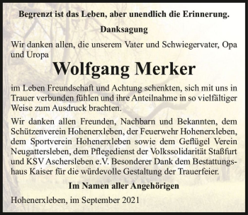 Traueranzeige von Wolfgang Merker  von Magdeburger Volksstimme