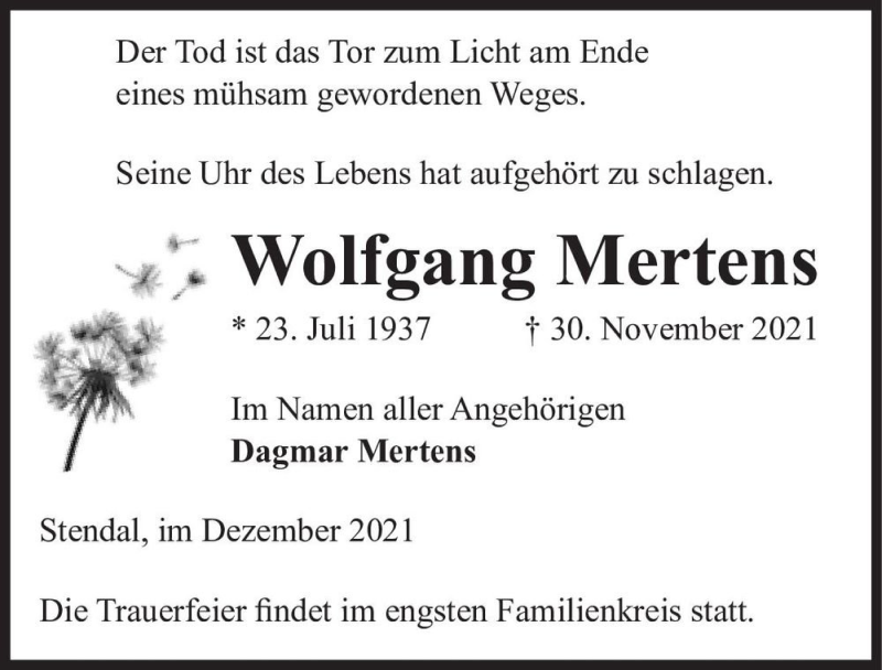  Traueranzeige für Wolfgang Mertens  vom 04.12.2021 aus Magdeburger Volksstimme