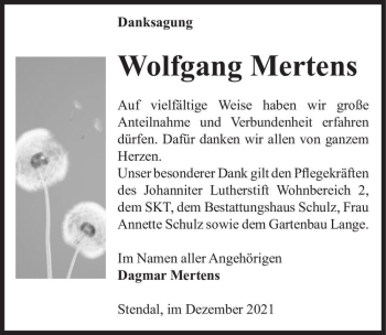 Traueranzeige von Wolfgang Mertens  von Magdeburger Volksstimme