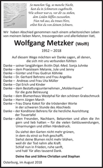 Traueranzeige von Wolfgang Metzker (Wolfi)  von Magdeburger Volksstimme