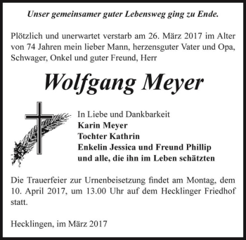 Traueranzeige von Wolfgang Meyer  von Magdeburger Volksstimme