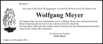 Traueranzeige von Wolfgang Meyer  von Magdeburger Volksstimme