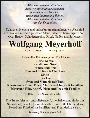 Traueranzeige von Wolfgang Meyerhoff  von Magdeburger Volksstimme