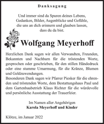 Traueranzeige von Wolfgang Meyerhoff  von Magdeburger Volksstimme