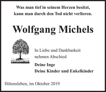 Traueranzeige von Wolfgang Michels  von Magdeburger Volksstimme