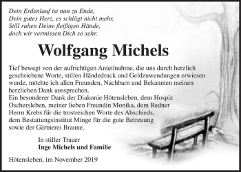 Traueranzeige von Wolfgang Michels  von Magdeburger Volksstimme