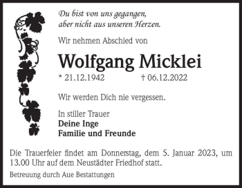 Traueranzeige von Wolfgang Micklei  von Magdeburger Volksstimme
