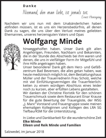 Traueranzeige von Wolfgang Minde  von Magdeburger Volksstimme