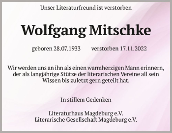 Traueranzeige von Wolfgang Mitschke  von Magdeburger Volksstimme