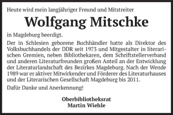 Traueranzeige von Wolfgang Mitschke  von Magdeburger Volksstimme