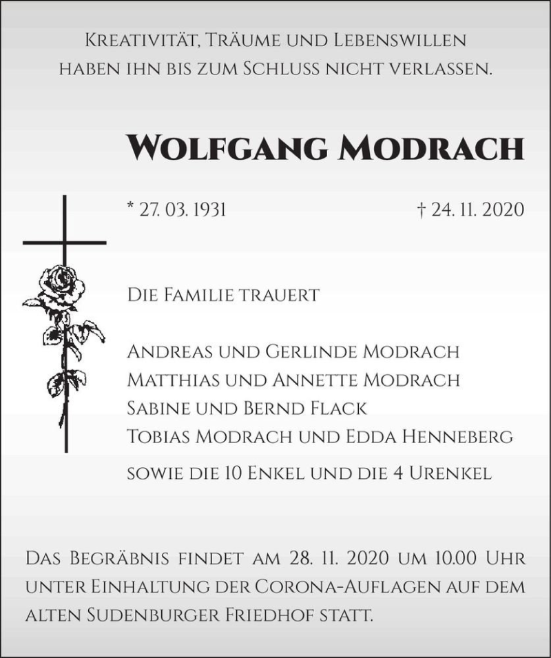 Traueranzeige für Wolfgang Modrach  vom 26.11.2020 aus Magdeburger Volksstimme
