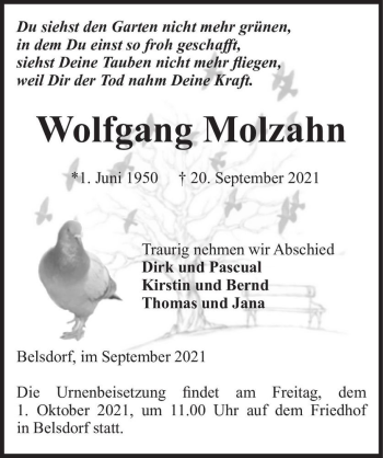 Traueranzeige von Wolfgang Molzahn  von Magdeburger Volksstimme