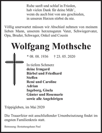 Traueranzeige von Wolfgang Mothsche  von Magdeburger Volksstimme