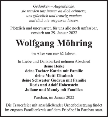 Traueranzeige von Wolfgang Möhring  von Magdeburger Volksstimme