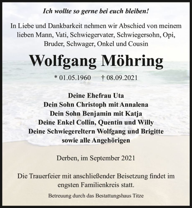  Traueranzeige für Wolfgang Möhring  vom 11.09.2021 aus Magdeburger Volksstimme