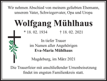 Traueranzeige von Wolfgang Mühlhaus  von Magdeburger Volksstimme