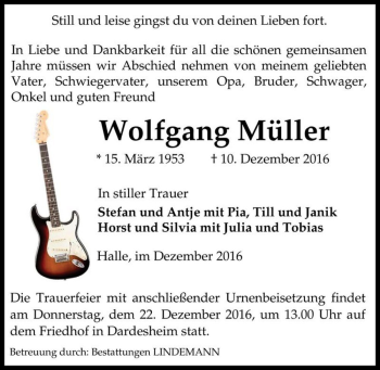 Traueranzeige von Wolfgang Müller  von Magdeburger Volksstimme
