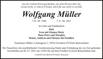 Traueranzeige von Wolfgang Müller  von Magdeburger Volksstimme