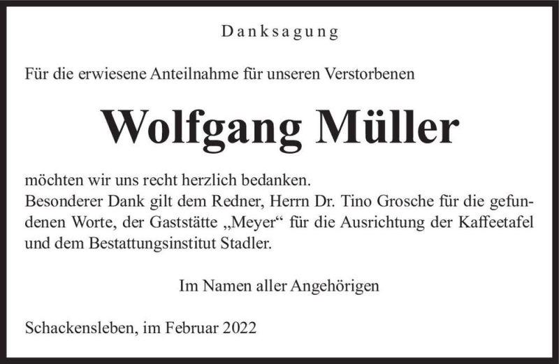  Traueranzeige für Wolfgang Müller  vom 05.02.2022 aus Magdeburger Volksstimme