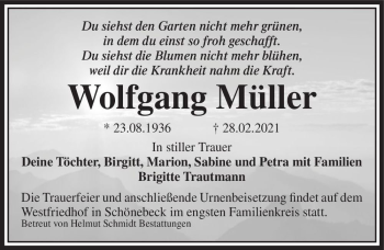 Traueranzeige von Wolfgang Müller  von Magdeburger Volksstimme