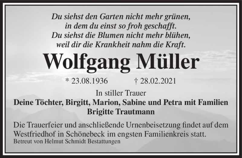  Traueranzeige für Wolfgang Müller  vom 06.03.2021 aus Magdeburger Volksstimme