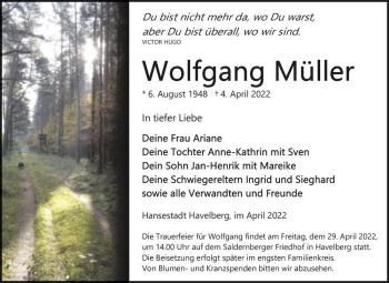 Traueranzeige von Wolfgang Müller  von Magdeburger Volksstimme
