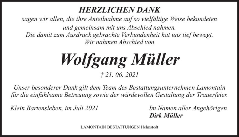  Traueranzeige für Wolfgang Müller  vom 10.07.2021 aus Magdeburger Volksstimme