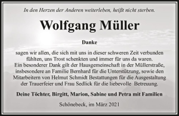 Traueranzeige von Wolfgang Müller  von Magdeburger Volksstimme