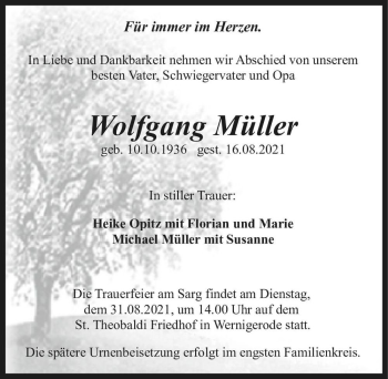 Traueranzeige von Wolfgang Müller  von Magdeburger Volksstimme