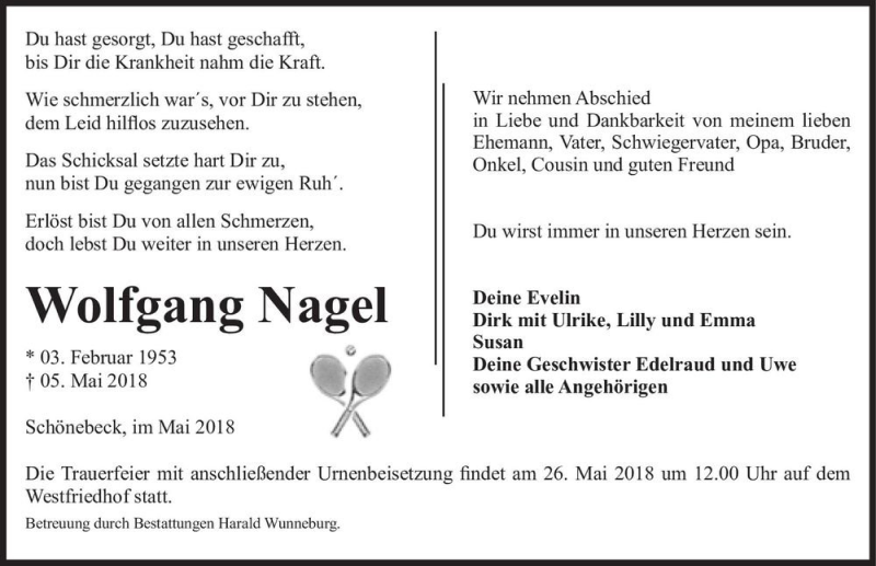  Traueranzeige für Wolfgang Nagel  vom 19.05.2018 aus Magdeburger Volksstimme