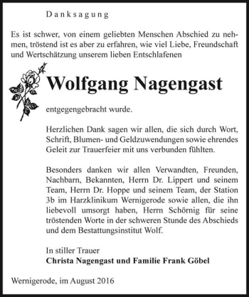 Traueranzeige von Wolfgang Nagengast  von Magdeburger Volksstimme