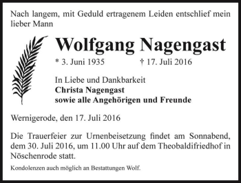 Traueranzeige von Wolfgang Nagengast  von Magdeburger Volksstimme
