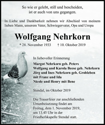 Traueranzeige von Wolfgang Nehrkorn  von Magdeburger Volksstimme