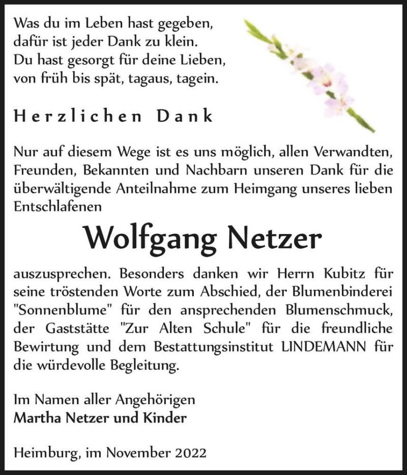  Traueranzeige für Wolfgang Netzer  vom 19.11.2022 aus Magdeburger Volksstimme
